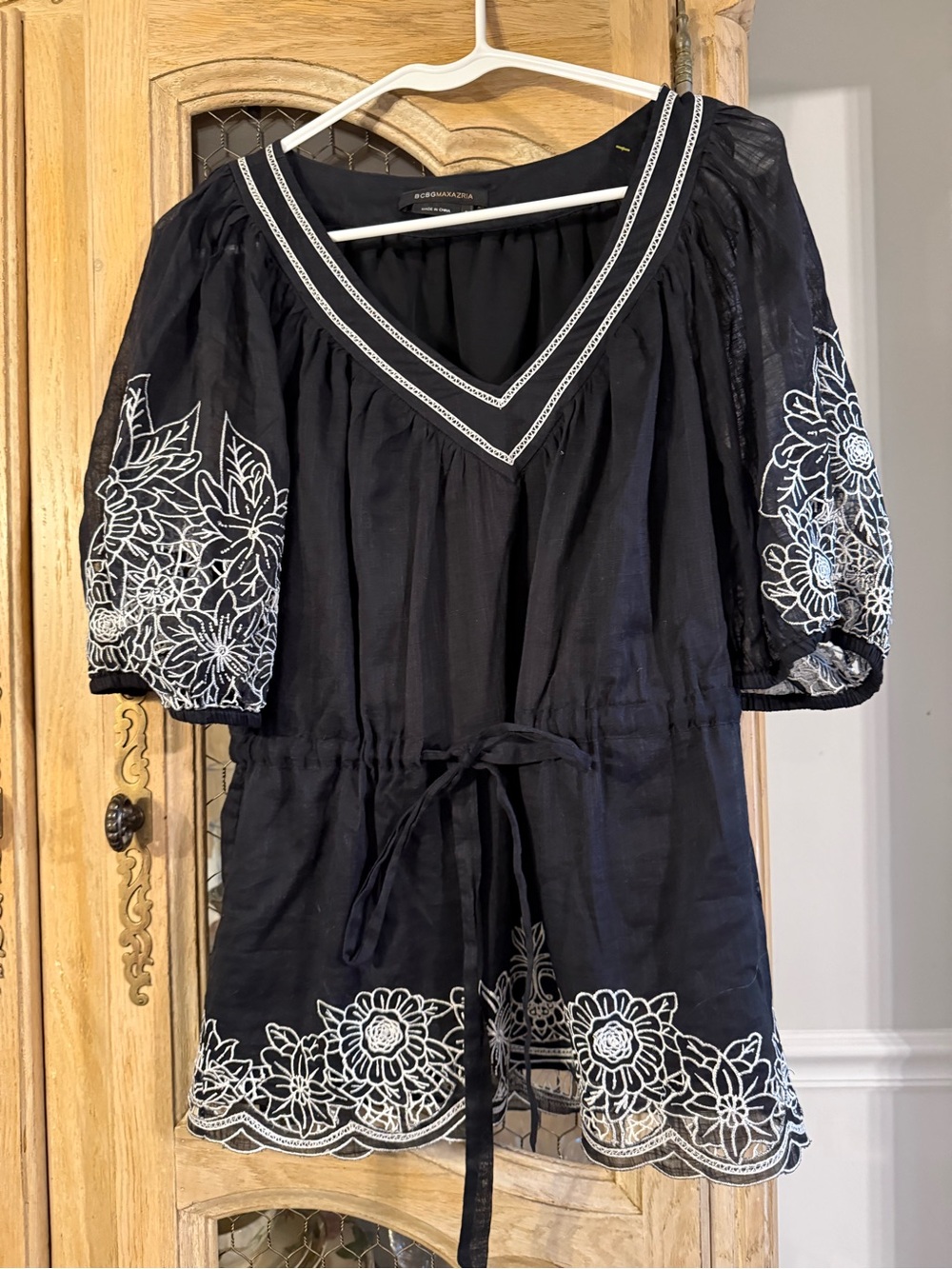 BCBG Black Tunic with White Floral Embroidery